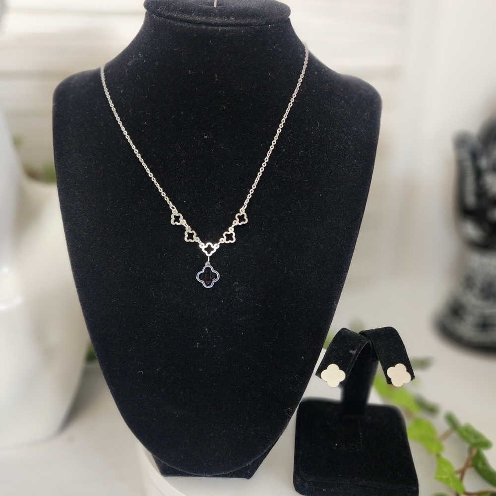 Silver Stainless Steel and Black Quatrefoil Flower Clover Necklace Earring Set